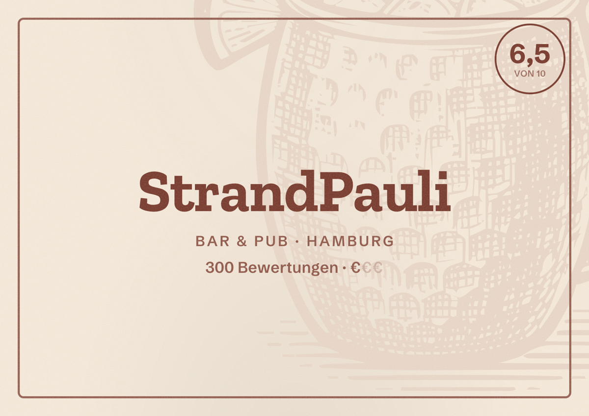 Illustriertes Poster von StrandPauli, Bar & Pub in Hamburg: Bewertung 6,5 von 10 aus 300 Bewertungen, Preisniveau €
