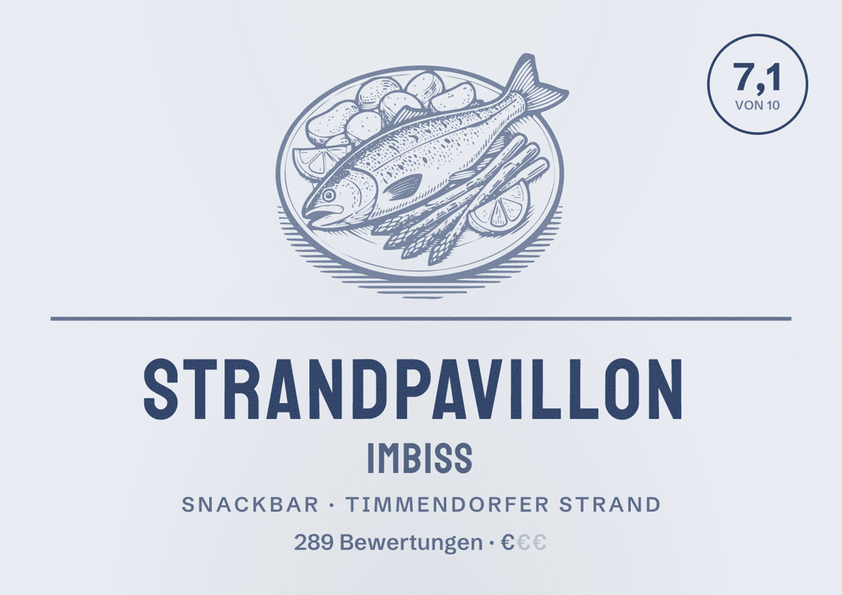 Illustriertes Poster von Strandpavillon Imbiss, Snackbar in Timmendorfer Strand: Bewertung 7,1 von 10 aus 289 Bewertungen, Preisniveau €