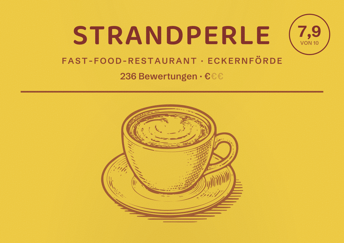 Illustriertes Poster von Strandperle, Fast-Food-Restaurant in Eckernförde: Bewertung 7,9 von 10 aus 236 Bewertungen, Preisniveau €