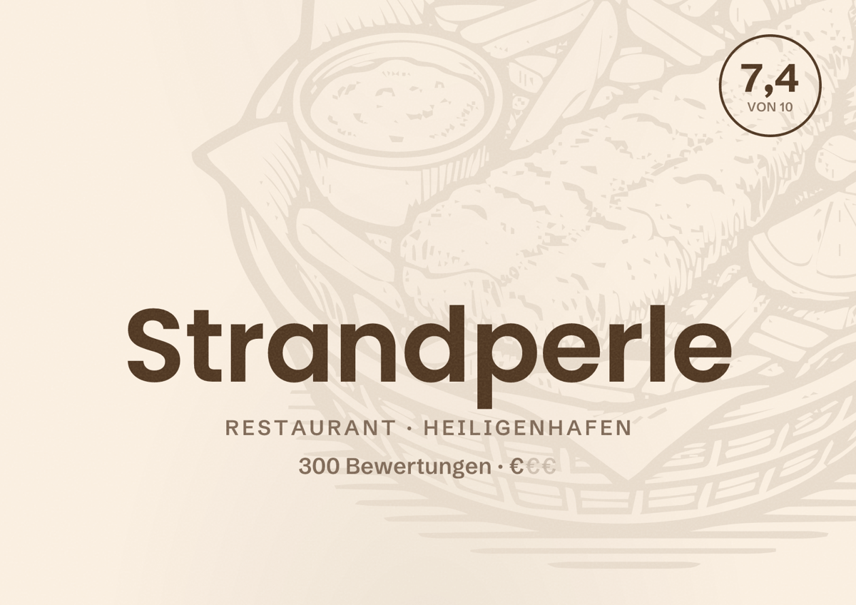 Illustriertes Poster von Strandperle, Restaurant in Heiligenhafen: Bewertung 7,4 von 10 aus 300 Bewertungen, Preisniveau €