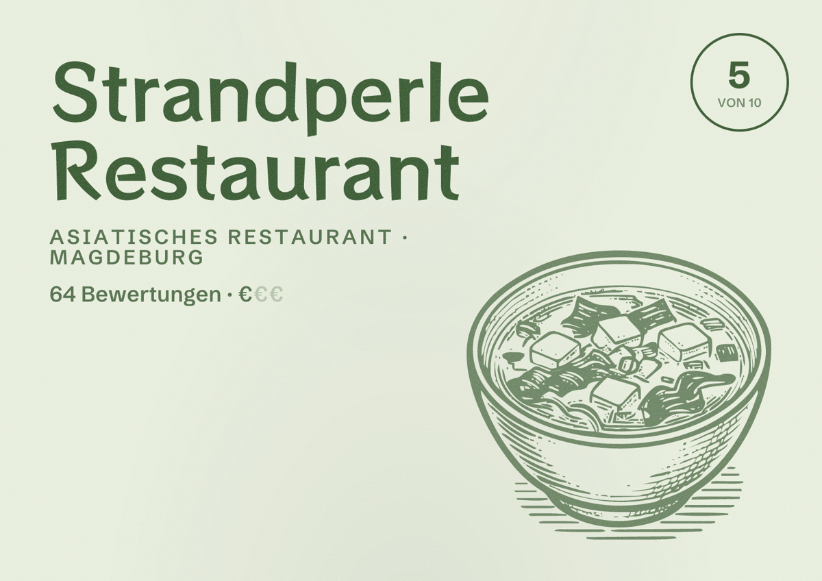 Illustriertes Poster von Strandperle Restaurant, Asiatisches Restaurant in Magdeburg: Bewertung 5,0 von 10 aus 64 Bewertungen, Preisniveau €
