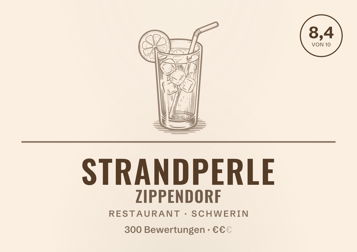 Illustriertes Poster von Strandperle Zippendorf, Restaurant in Schwerin: Bewertung 8,4 von 10 aus 300 Bewertungen, Preisniveau €€