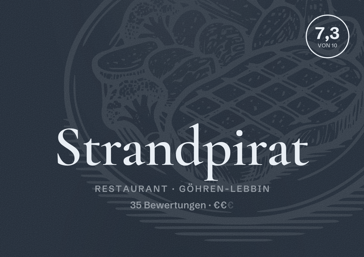 Illustriertes Poster von Strandpirat, Restaurant in Göhren-Lebbin: Bewertung 7,3 von 10 aus 35 Bewertungen, Preisniveau €€