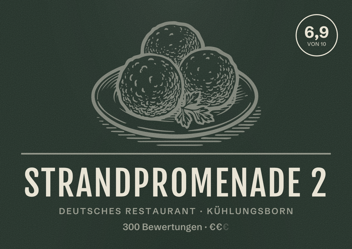 Illustriertes Poster von Strandpromenade 2, Deutsches Restaurant in Kühlungsborn: Bewertung 6,9 von 10 aus 300 Bewertungen, Preisniveau €€