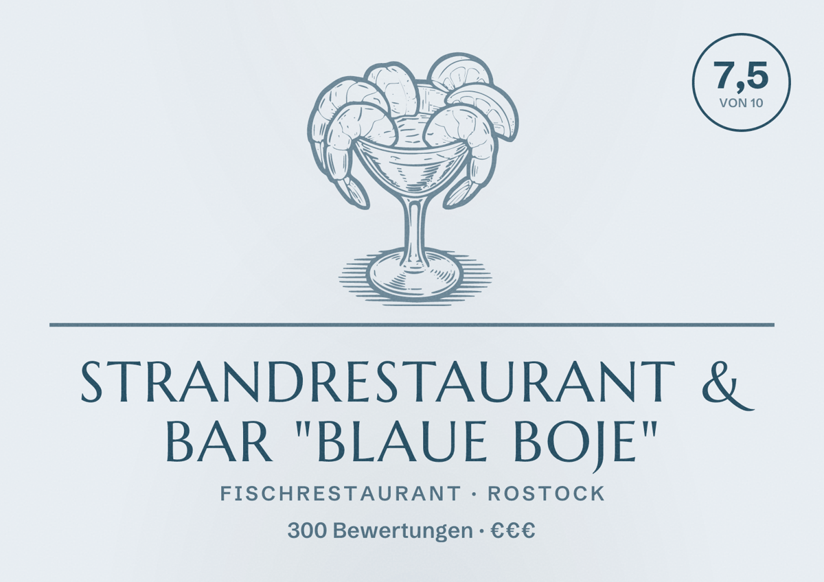 Illustriertes Poster von Strandrestaurant & Bar "blaue boje", Fischrestaurant in Rostock: Bewertung 7,5 von 10 aus 300 Bewertungen, Preisniveau €€€