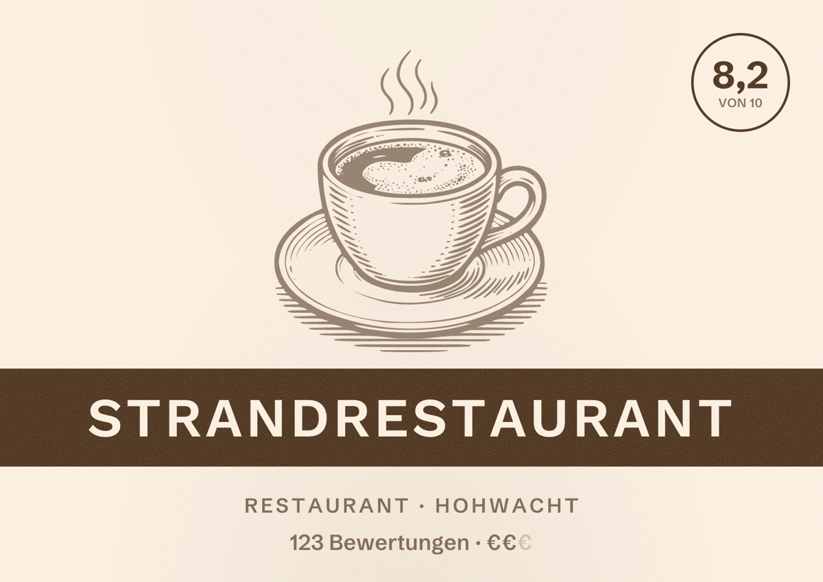 Illustriertes Poster von Strandrestaurant, Restaurant in Hohwacht: Bewertung 8,2 von 10 aus 123 Bewertungen, Preisniveau €€