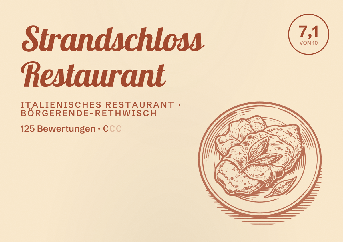 Illustriertes Poster von Strandschloss Restaurant, Italienisches Restaurant in Börgerende-Rethwisch: Bewertung 7,1 von 10 aus 125 Bewertungen, Preisniveau €