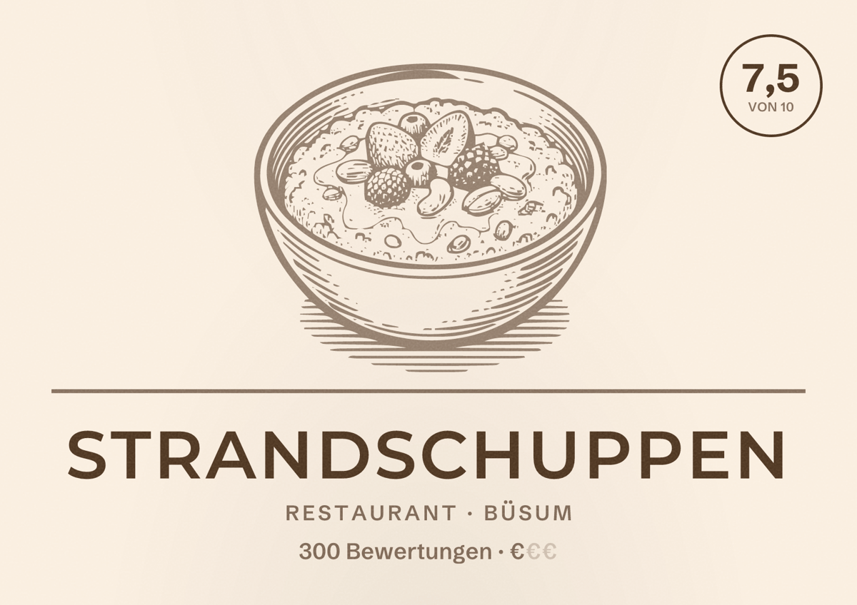 Illustriertes Poster von Strandschuppen, Restaurant in Büsum: Bewertung 7,5 von 10 aus 300 Bewertungen, Preisniveau €