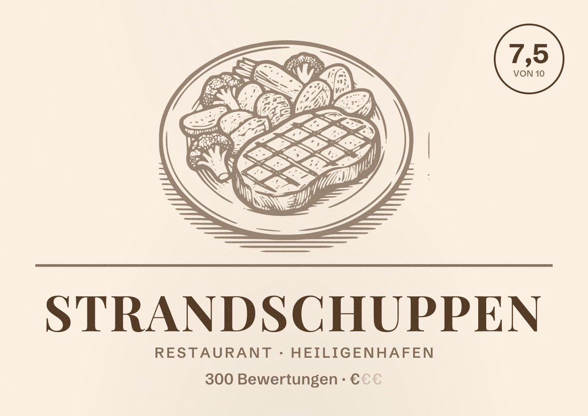 Illustriertes Poster von Strandschuppen, Restaurant in Heiligenhafen: Bewertung 7,5 von 10 aus 300 Bewertungen, Preisniveau €