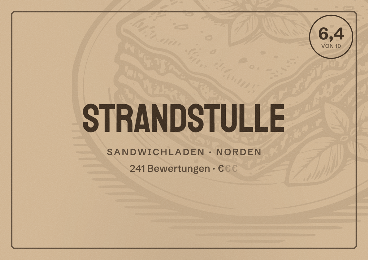 Illustriertes Poster von StrandStulle, Sandwichladen in Norden: Bewertung 6,4 von 10 aus 241 Bewertungen, Preisniveau €
