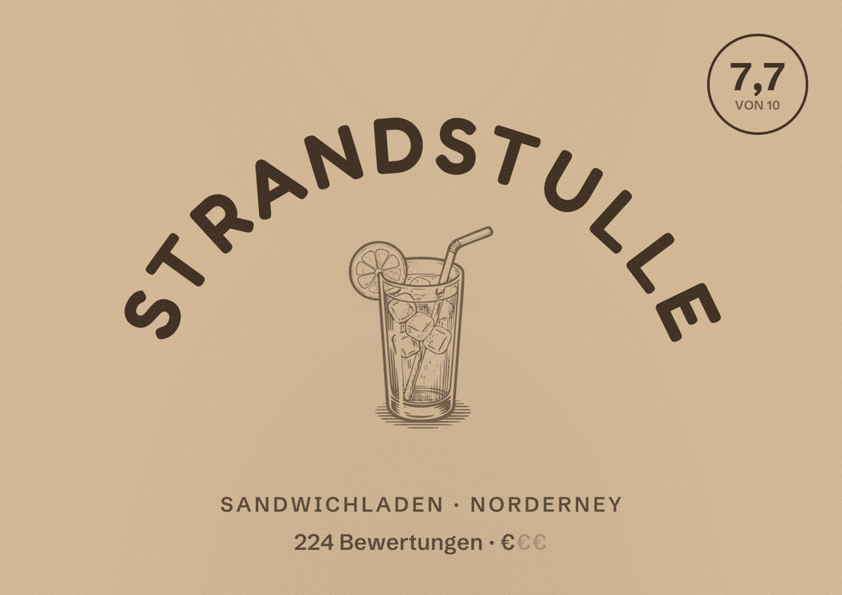 Illustriertes Poster von StrandStulle, Sandwichladen in Norderney: Bewertung 7,7 von 10 aus 224 Bewertungen, Preisniveau €