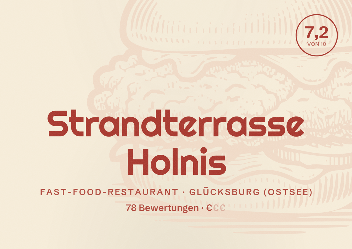 Illustriertes Poster von Strandterrasse Holnis, Fast-Food-Restaurant in Glücksburg (Ostsee): Bewertung 7,2 von 10 aus 78 Bewertungen, Preisniveau €