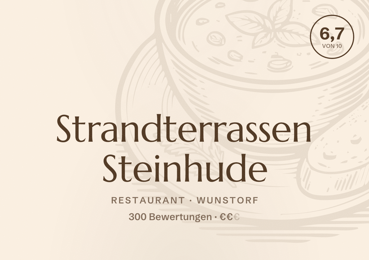 Illustriertes Poster von Strandterrassen Steinhude, Restaurant in Wunstorf: Bewertung 6,7 von 10 aus 300 Bewertungen, Preisniveau €€