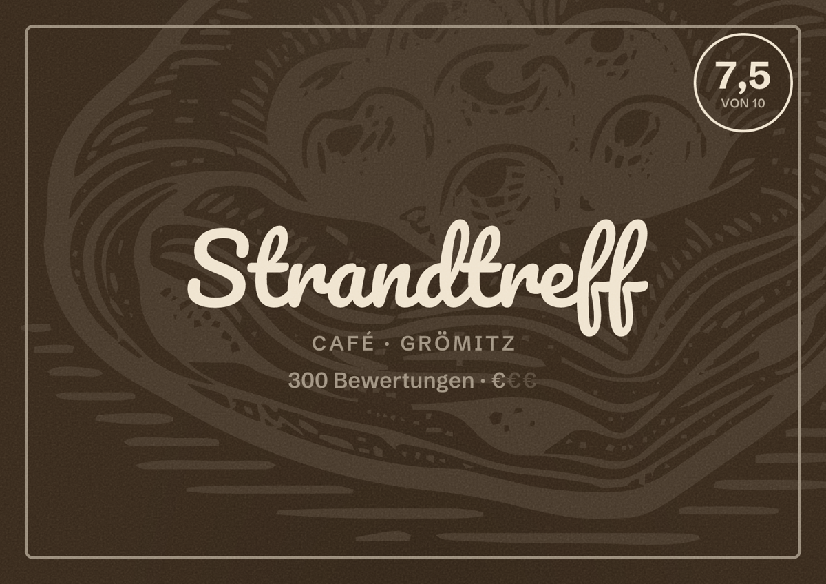 Illustriertes Poster von Strandtreff, Café in Grömitz: Bewertung 7,5 von 10 aus 300 Bewertungen, Preisniveau €