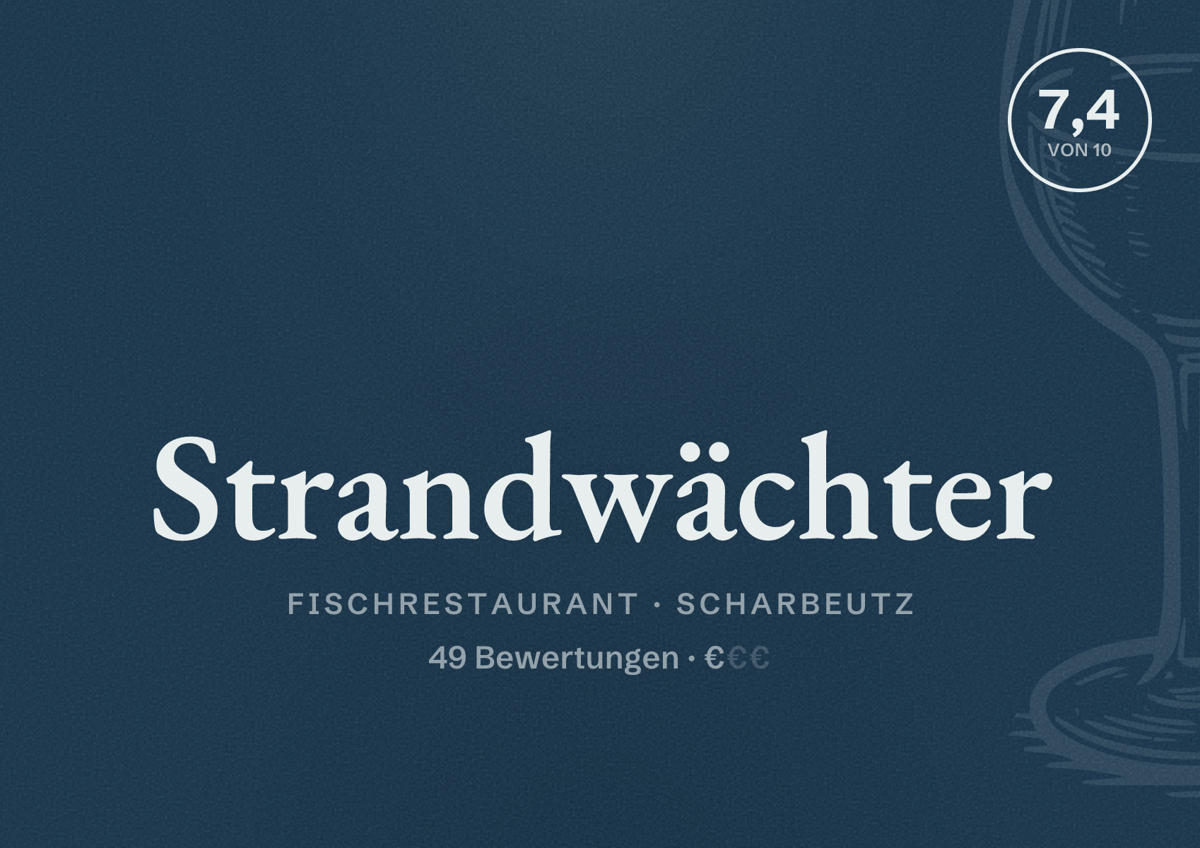 Illustriertes Poster von Strandwächter, Fischrestaurant in Scharbeutz: Bewertung 7,4 von 10 aus 49 Bewertungen, Preisniveau €