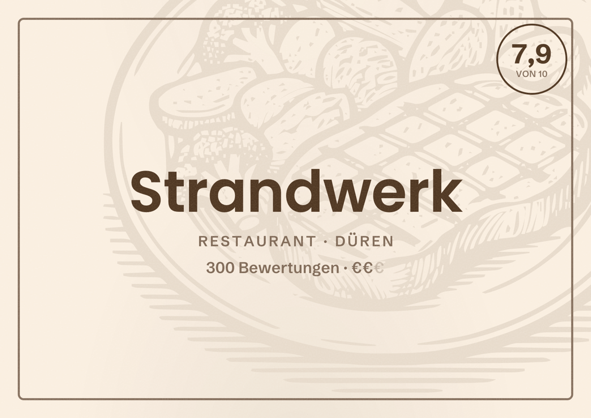 Illustriertes Poster von Strandwerk, Restaurant in Düren: Bewertung 7,9 von 10 aus 300 Bewertungen, Preisniveau €€