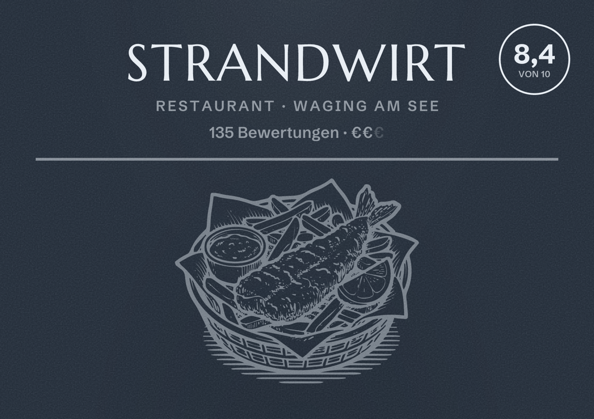 Illustriertes Poster von Strandwirt, Restaurant in Waging am See: Bewertung 8,4 von 10 aus 135 Bewertungen, Preisniveau €€