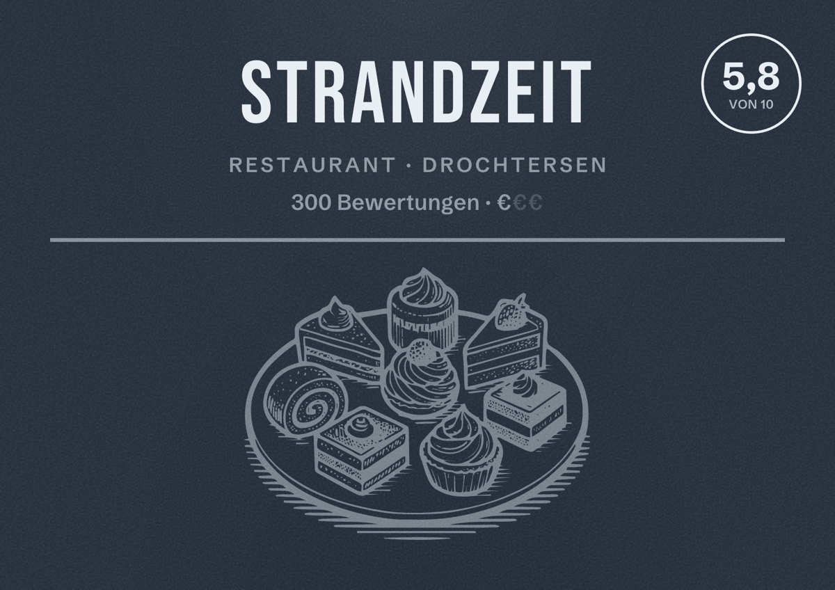 Illustriertes Poster von StrandZeit, Restaurant in Drochtersen: Bewertung 5,8 von 10 aus 300 Bewertungen, Preisniveau €