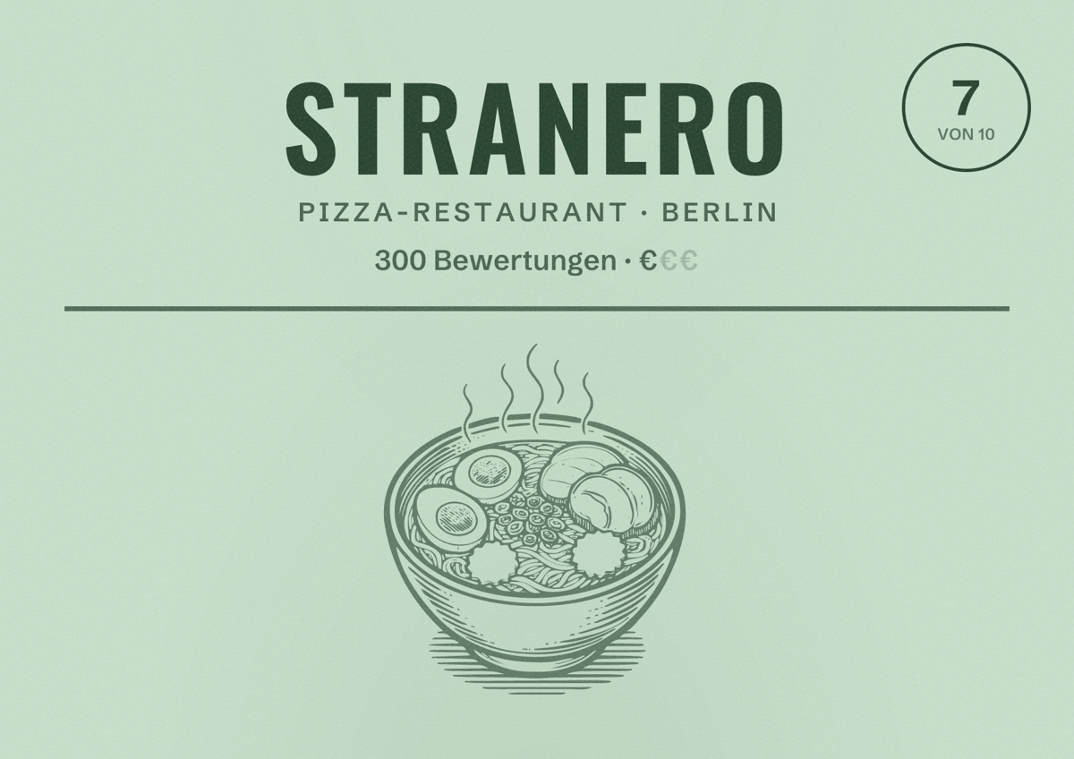 Illustriertes Poster von Stranero, Pizza-Restaurant in Berlin: Bewertung 7 von 10 aus 300 Bewertungen, Preisniveau €