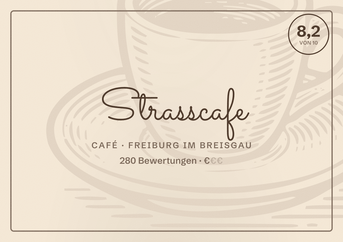 Illustriertes Poster von Strasscafe, Café in Freiburg im Breisgau: Bewertung 8,2 von 10 aus 280 Bewertungen, Preisniveau €