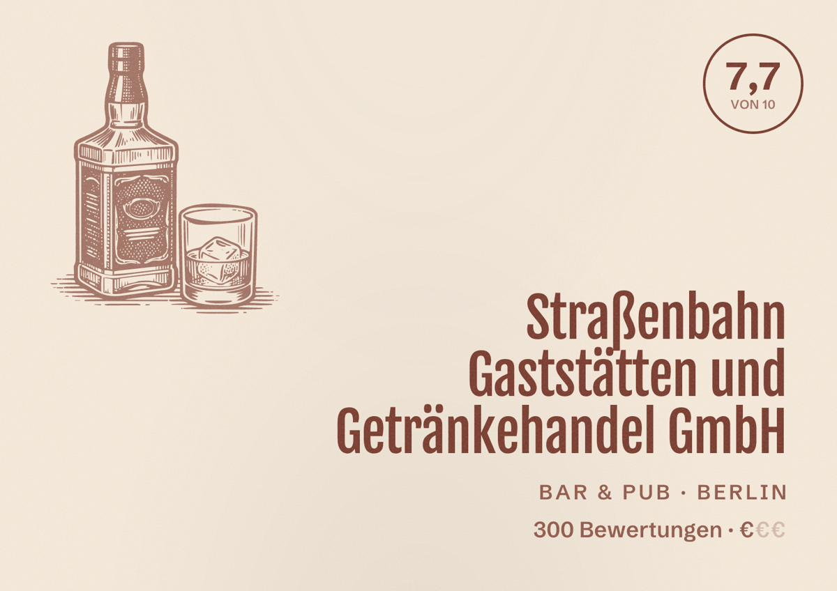 Illustriertes Poster von Straßenbahn Gaststätten und Getränkehandel GmbH, Bar & Pub in Berlin: Bewertung 7,7 von 10 aus 300 Bewertungen, Preisniveau €