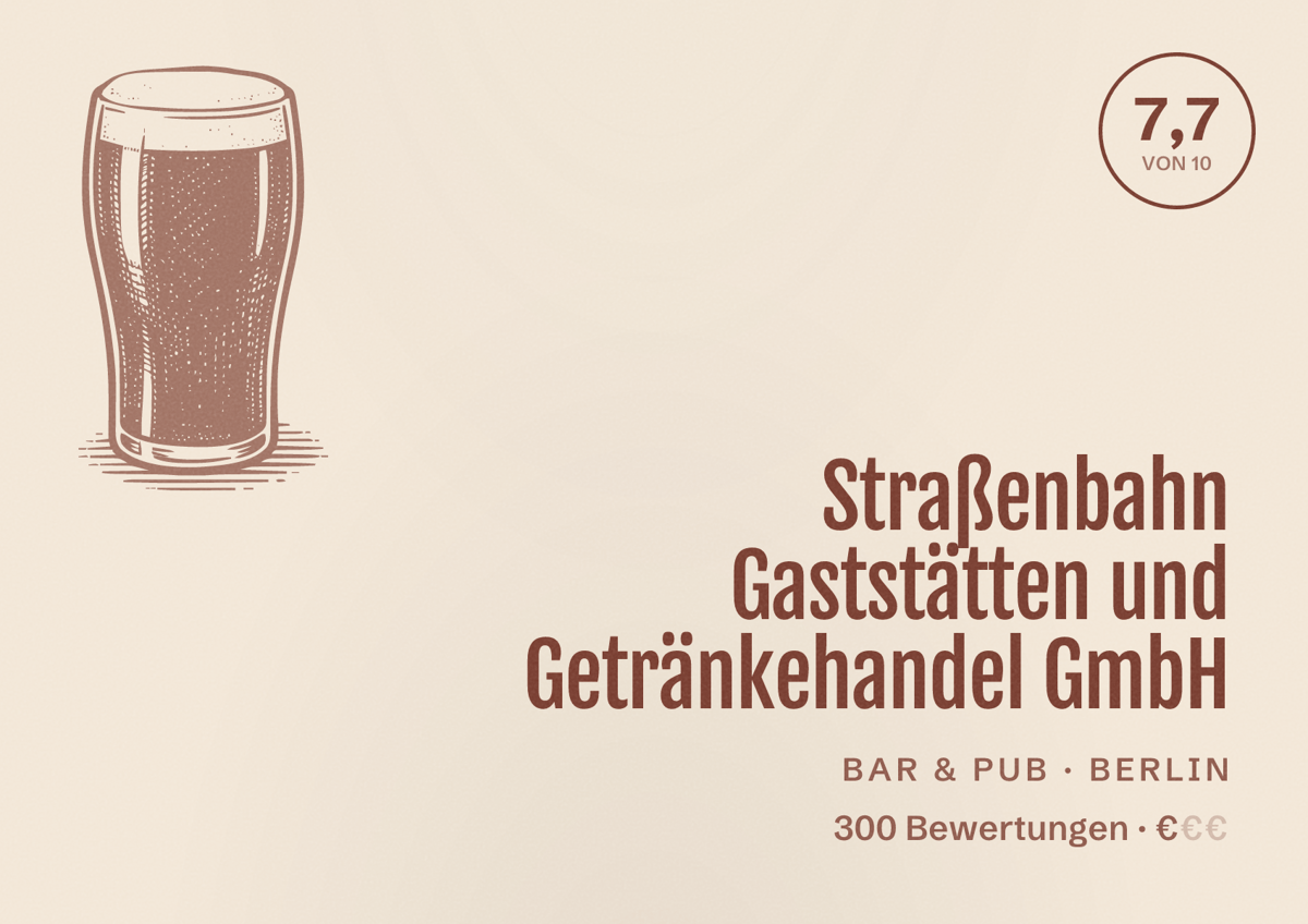 Illustriertes Poster von Straßenbahn Gaststätten und Getränkehandel GmbH, Bar & Pub in Berlin: Bewertung 7,7 von 10 aus 300 Bewertungen, Preisniveau €
