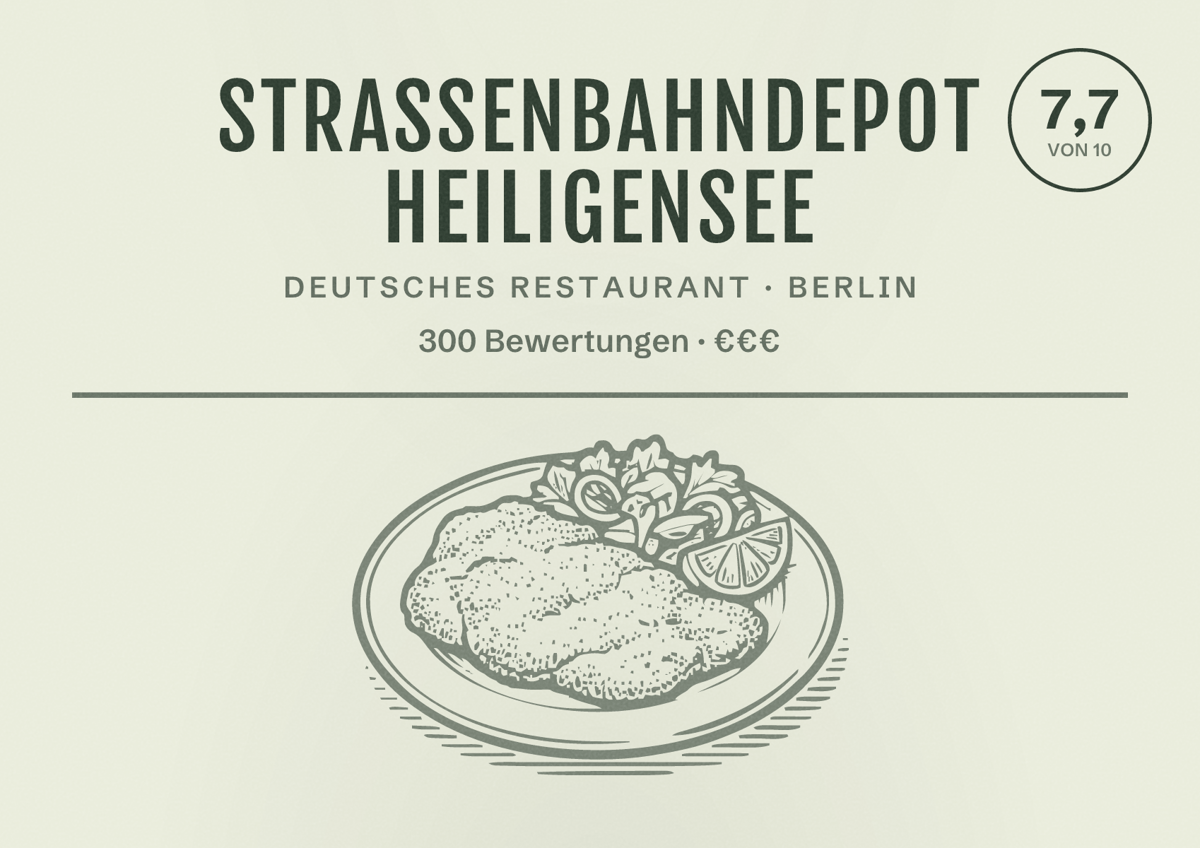 Illustriertes Poster von Straßenbahndepot Heiligensee, Deutsches Restaurant in Berlin: Bewertung 7,7 von 10 aus 300 Bewertungen, Preisniveau €€€