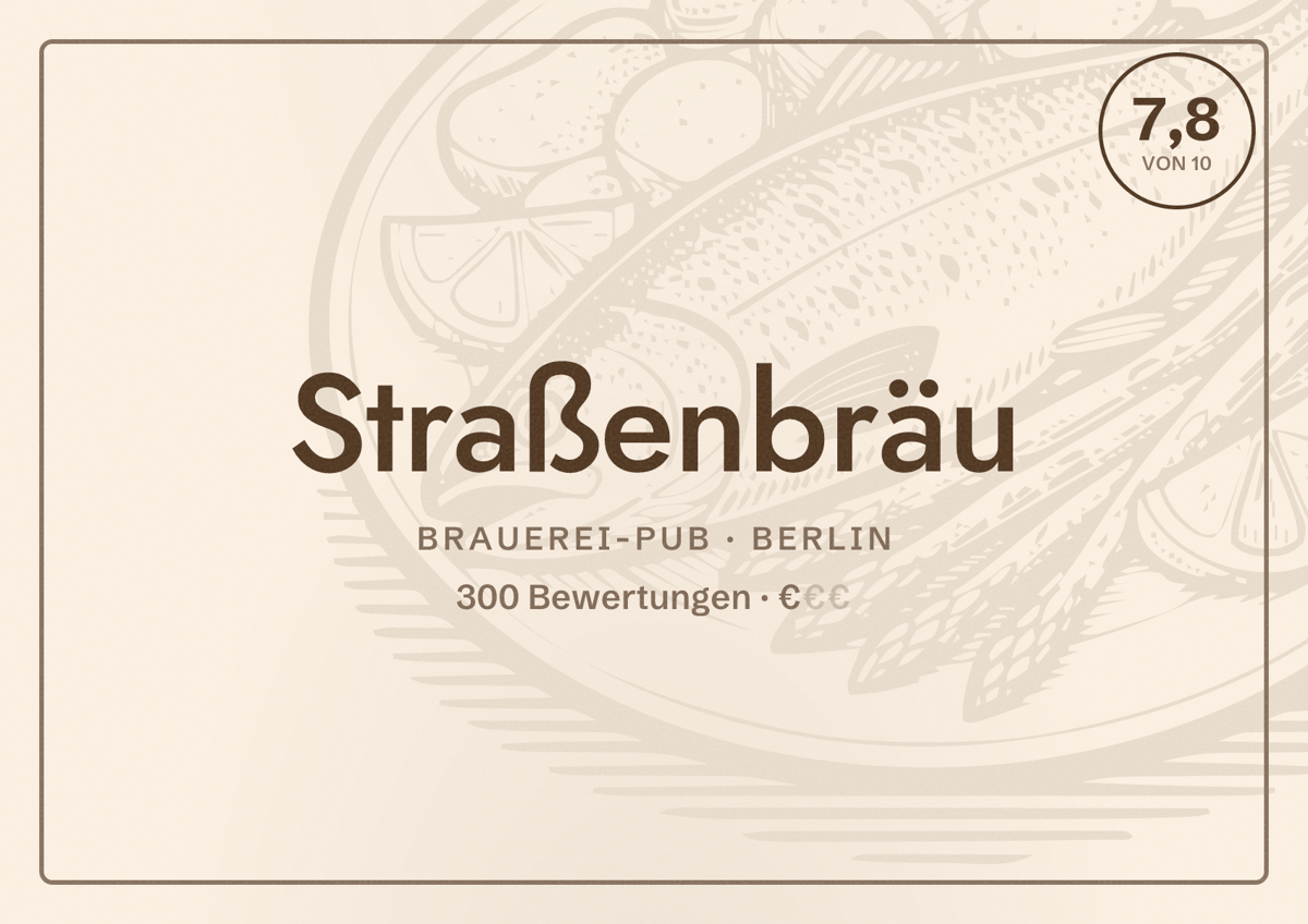 Illustriertes Poster von Straßenbräu, Brauerei-Pub in Berlin: Bewertung 7,8 von 10 aus 300 Bewertungen, Preisniveau €