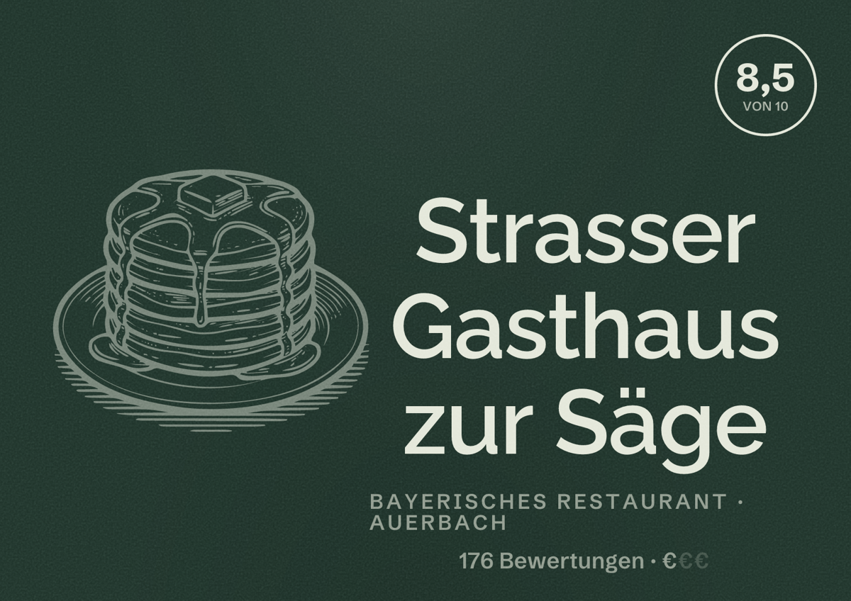 Illustriertes Poster von Strasser Gasthaus zur Säge, Bayerisches Restaurant in Auerbach: Bewertung 8,5 von 10 aus 176 Bewertungen, Preisniveau €