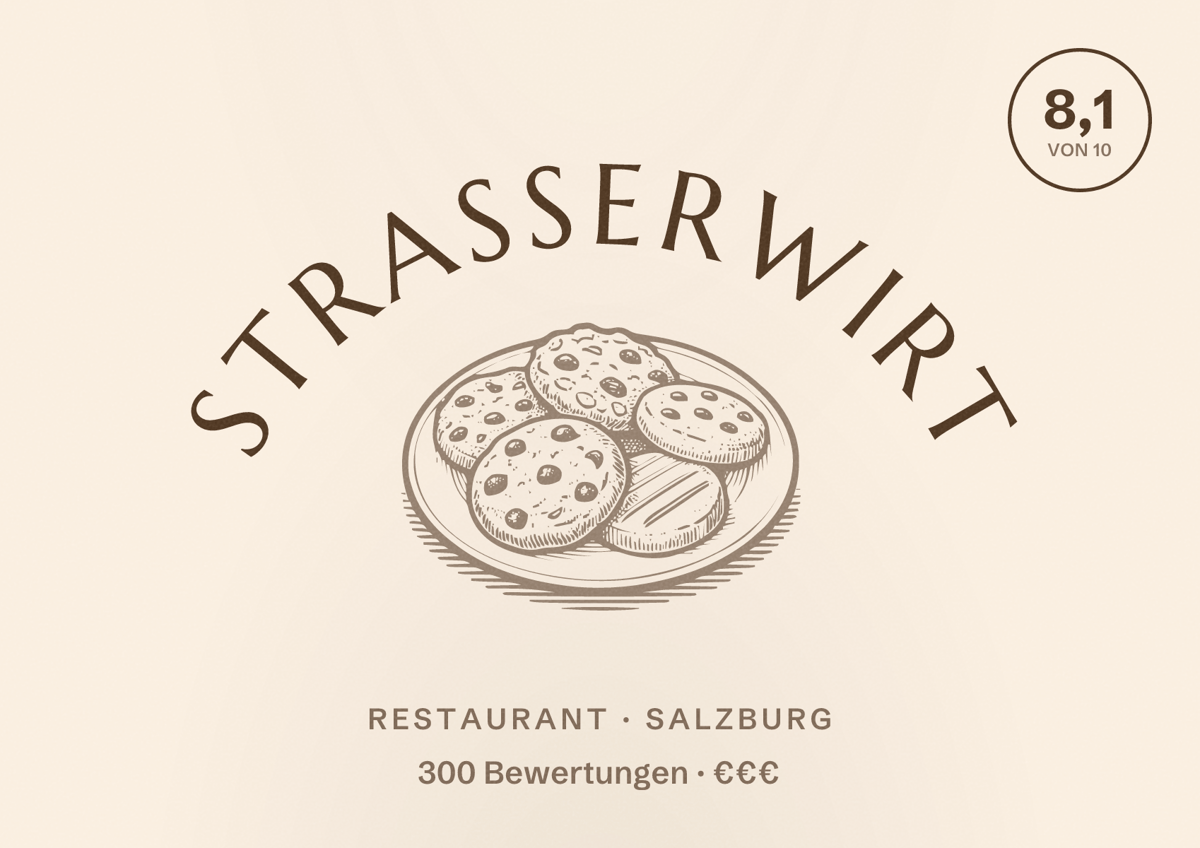 Illustriertes Poster von Strasserwirt, Restaurant in Salzburg: Bewertung 8,1 von 10 aus 300 Bewertungen, Preisniveau €€€