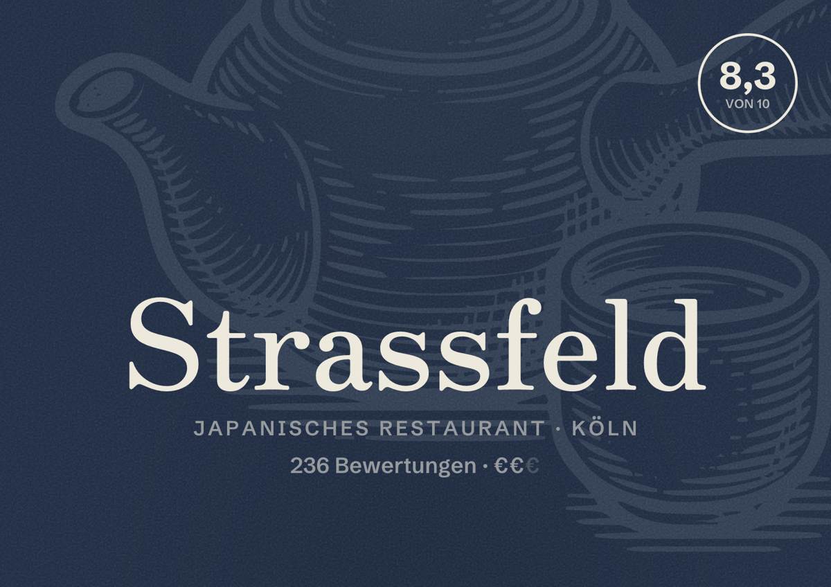 Illustriertes Poster von Strassfeld, Japanisches Restaurant in Köln: Bewertung 8,3 von 10 aus 236 Bewertungen, Preisniveau €€