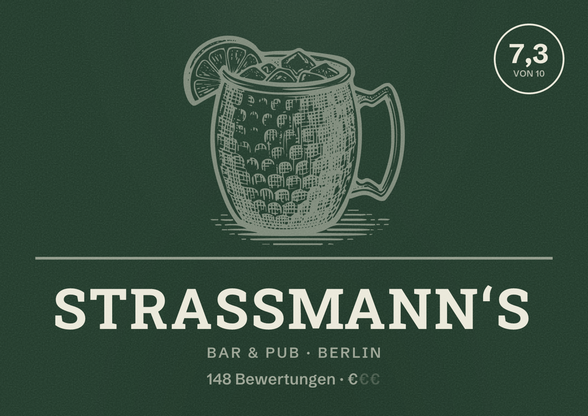 Illustriertes Poster von Strassmann‘s, Bar & Pub in Berlin: Bewertung 7,3 von 10 aus 148 Bewertungen, Preisniveau €