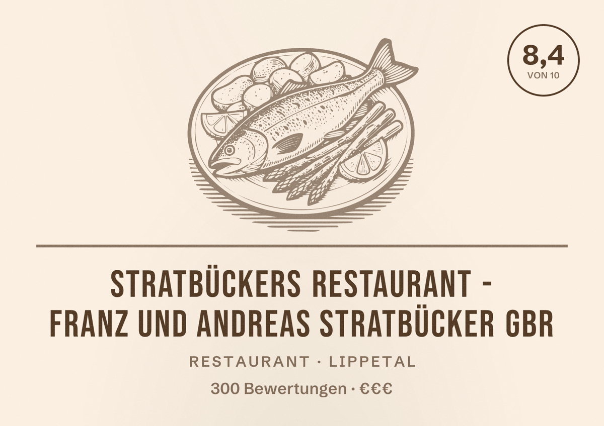 Illustriertes Poster von Stratbückers Restaurant - Franz und Andreas Stratbücker GbR, Restaurant in Lippetal: Bewertung 8,4 von 10 aus 300 Bewertungen, Preisniveau €€€