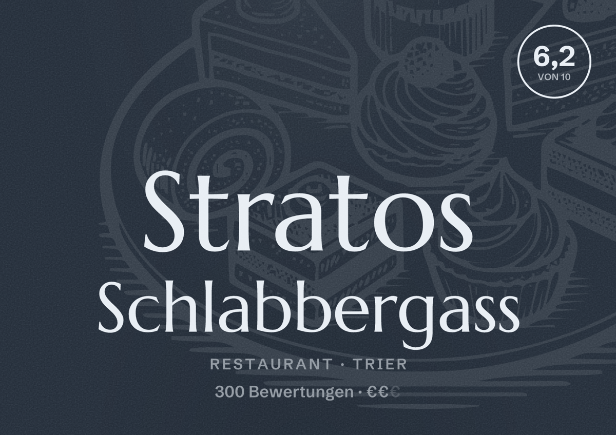Illustriertes Poster von Stratos Schlabbergass, Restaurant in Trier: Bewertung 6,2 von 10 aus 300 Bewertungen, Preisniveau €€