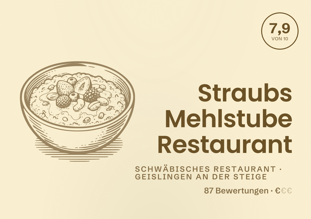 Illustriertes Poster von Straubs Mehlstube Restaurant, Schwäbisches Restaurant in Geislingen an der Steige: Bewertung 7,9 von 10 aus 87 Bewertungen, Preisniveau €