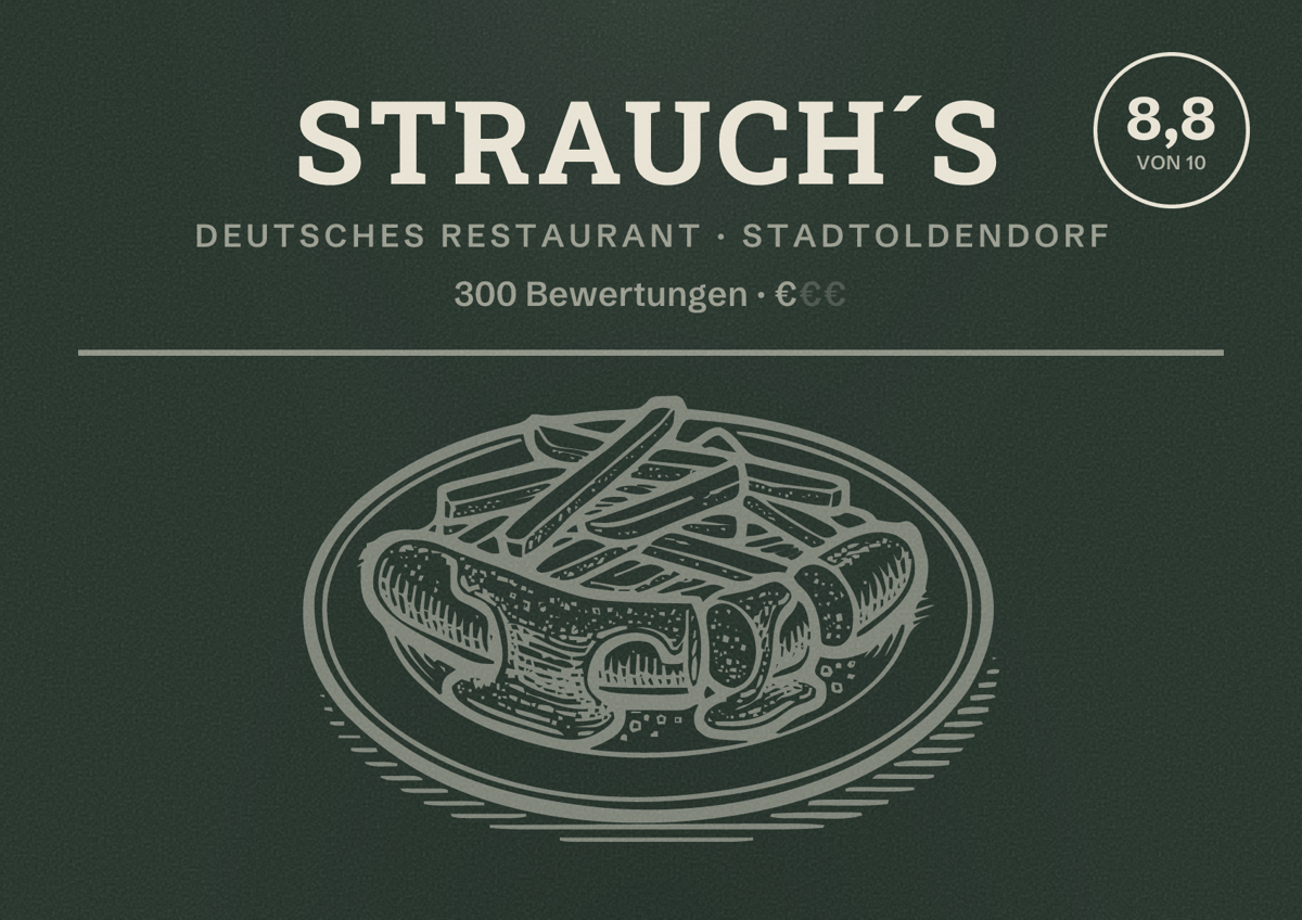 Illustriertes Poster von Strauch´s, Deutsches Restaurant in Stadtoldendorf: Bewertung 8,8 von 10 aus 300 Bewertungen, Preisniveau €