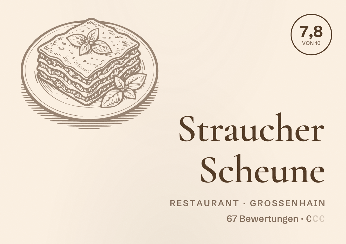 Illustriertes Poster von Straucher Scheune, Restaurant in Großenhain: Bewertung 7,8 von 10 aus 67 Bewertungen, Preisniveau €