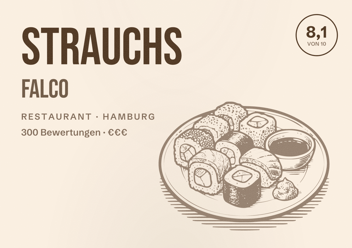 Illustriertes Poster von STRAUCHS FALCO, Restaurant in Hamburg: Bewertung 8,1 von 10 aus 300 Bewertungen, Preisniveau €€€