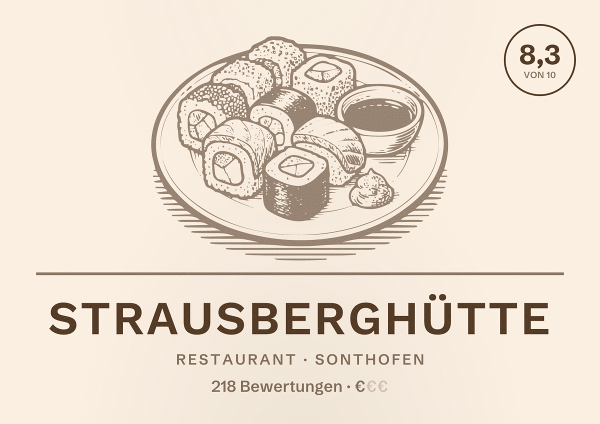 Illustriertes Poster von Strausberghütte, Restaurant in Sonthofen: Bewertung 8,3 von 10 aus 218 Bewertungen, Preisniveau €