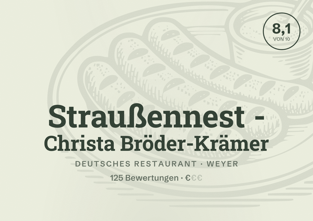Illustriertes Poster von Straußennest - Christa Bröder-Krämer, Deutsches Restaurant in Weyer: Bewertung 8,1 von 10 aus 125 Bewertungen, Preisniveau €