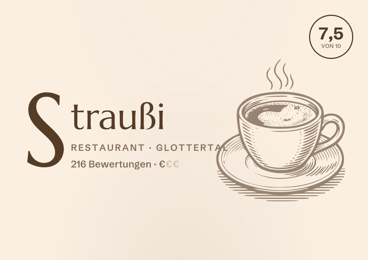 Illustriertes Poster von Straußi, Restaurant in Glottertal: Bewertung 7,5 von 10 aus 216 Bewertungen, Preisniveau €