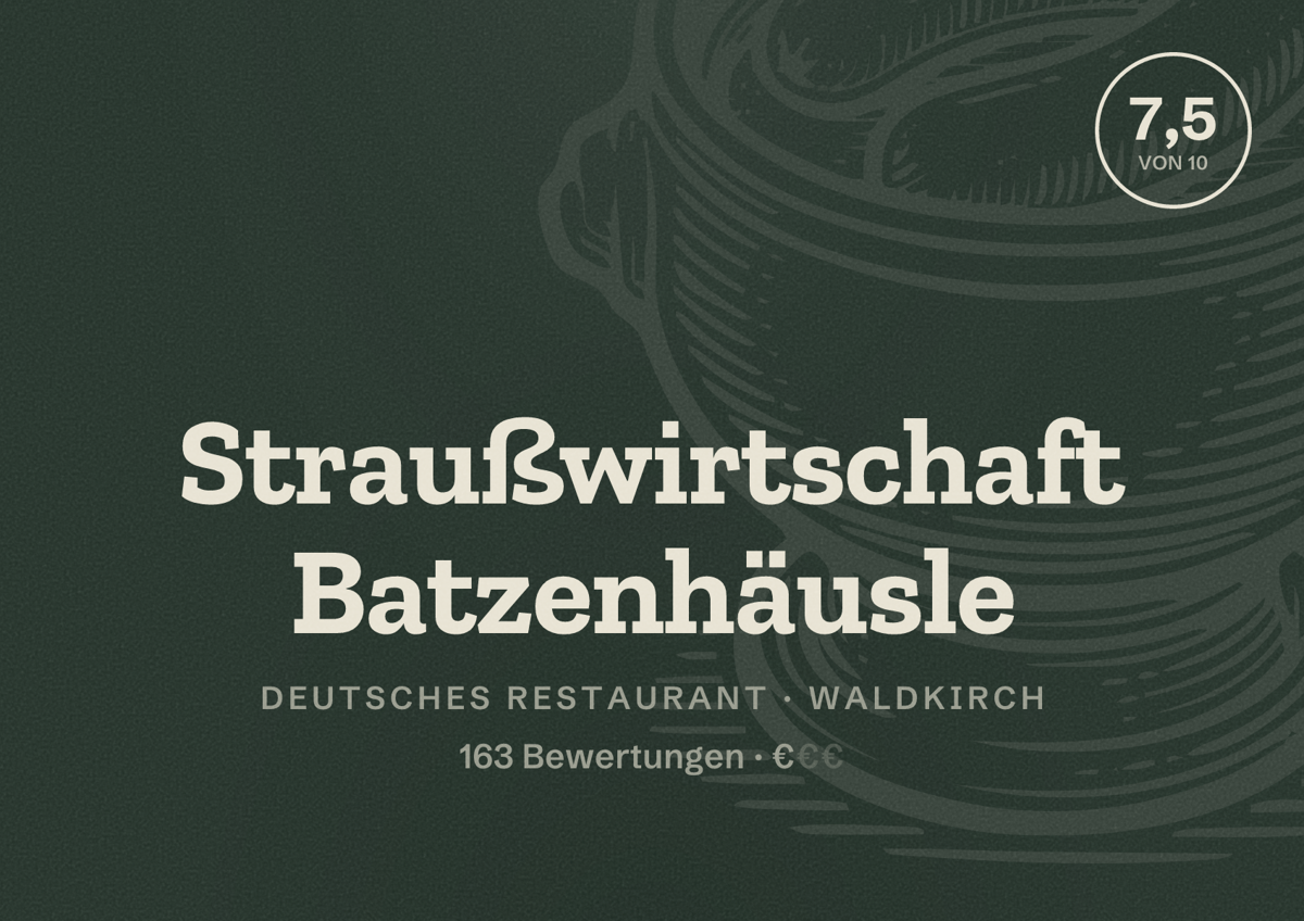 Illustriertes Poster von Straußwirtschaft Batzenhäusle, Deutsches Restaurant in Waldkirch: Bewertung 7,5 von 10 aus 163 Bewertungen, Preisniveau €