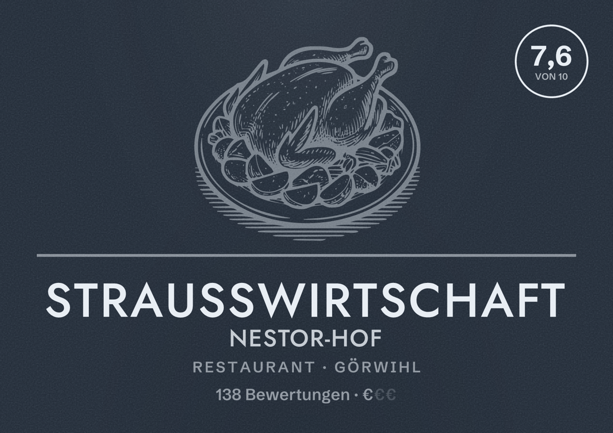 Illustriertes Poster von Straußwirtschaft Nestor-Hof, Restaurant in Görwihl: Bewertung 7,6 von 10 aus 138 Bewertungen, Preisniveau €