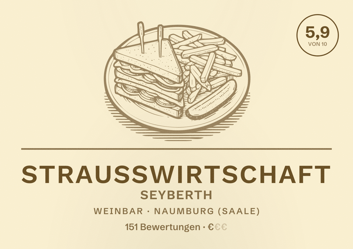 Illustriertes Poster von Straußwirtschaft Seyberth, Weinbar in Naumburg (Saale): Bewertung 5,9 von 10 aus 151 Bewertungen, Preisniveau €