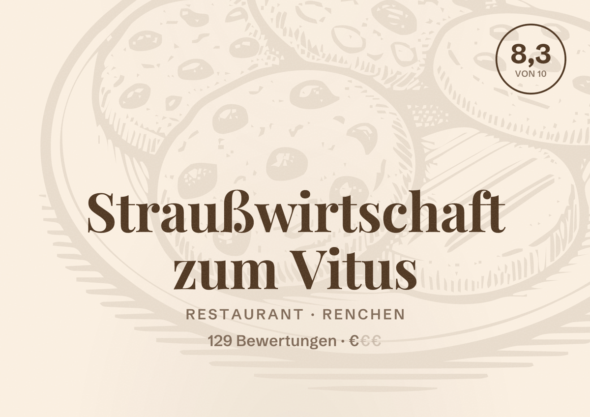 Illustriertes Poster von Straußwirtschaft zum Vitus, Restaurant in Renchen: Bewertung 8,3 von 10 aus 129 Bewertungen, Preisniveau €