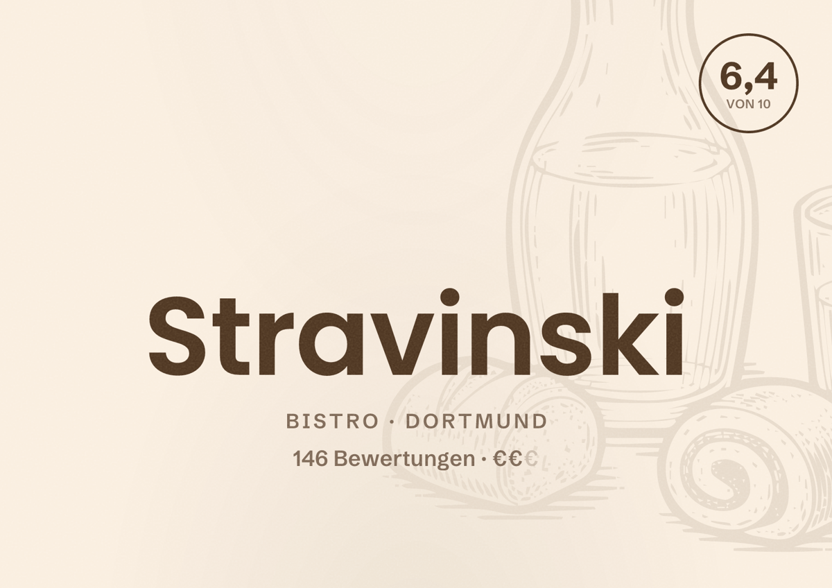 Illustriertes Poster von Stravinski, Bistro in Dortmund: Bewertung 6,4 von 10 aus 146 Bewertungen, Preisniveau €€