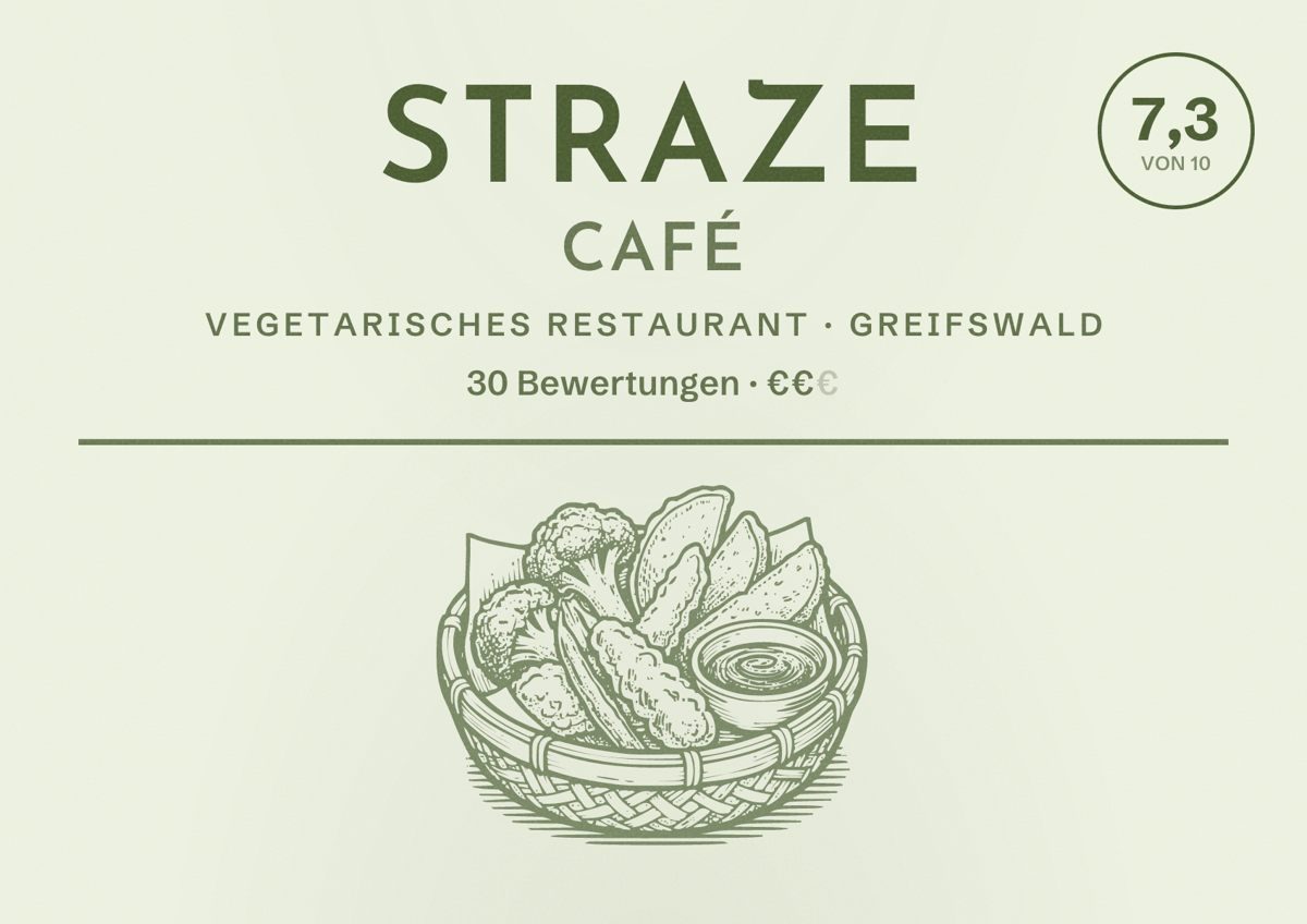 Illustriertes Poster von STRAZE Café, Vegetarisches Restaurant in Greifswald: Bewertung 7,3 von 10 aus 30 Bewertungen, Preisniveau €€