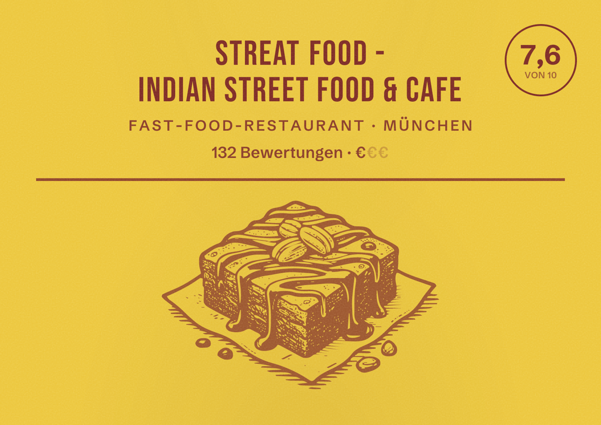 Illustriertes Poster von STREAT FOOD - Indian Street Food & Cafe, Fast-Food-Restaurant in München: Bewertung 7,6 von 10 aus 132 Bewertungen, Preisniveau €