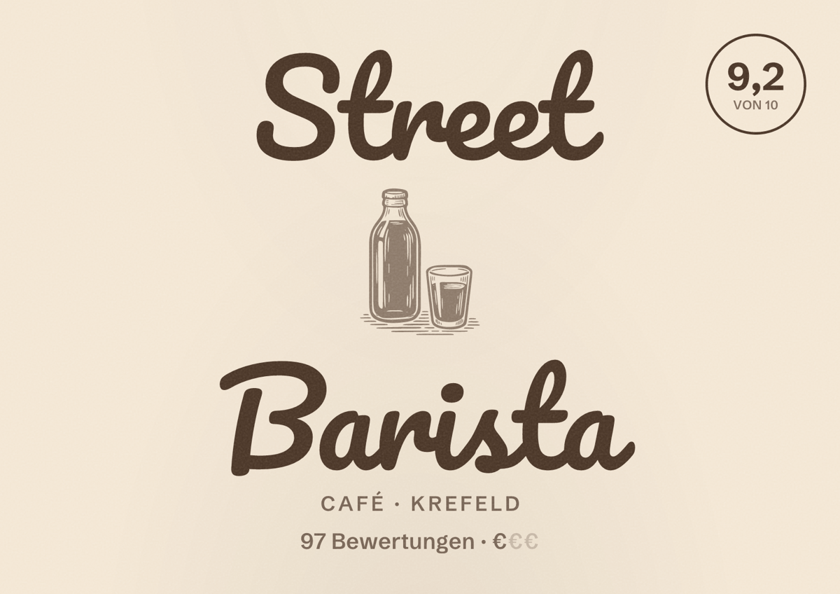 Illustriertes Poster von Street Barista, Café in Krefeld: Bewertung 9,2 von 10 aus 97 Bewertungen, Preisniveau €