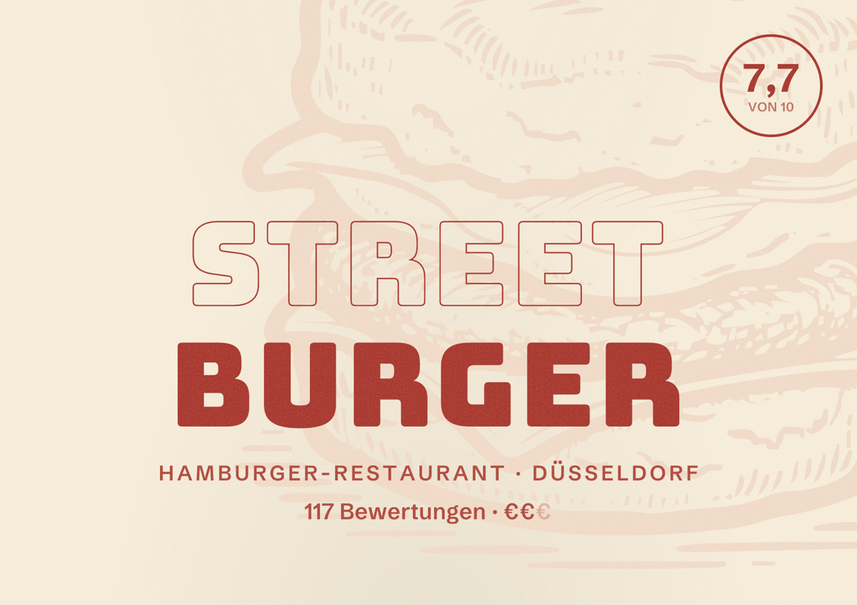 Illustriertes Poster von Street Burger, Hamburger-Restaurant in Düsseldorf: Bewertung 7,7 von 10 aus 117 Bewertungen, Preisniveau €€